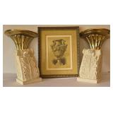 DR - Decorative Crafts Lacquered 4548 Gold Wall Shelves (Pair) & Ornate Corbels with 9x11 Framed Urn Print