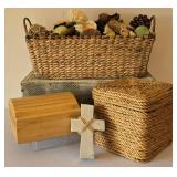 LR - Woven Basket with Natural Decor, Checkered Box & Cross - Rustic Decor Lot