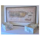 LR - Framed Caribbean Map and Pair of Map-Pattern Storage Boxes