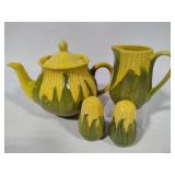 Shawnee Pottery - Corn King Tea Pot w/Lid, Creamer & Small Salt & Pepper Shaker Set