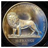 2002 Congo 10 Francs, 1 oz 999 Silver, Near Perfect, KM#93