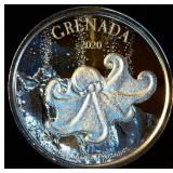 2020 Grenada Red Octopus 1oz 999 Silver Round, Eastern Caribbean Bank 2 Dollars, Mint Fresh