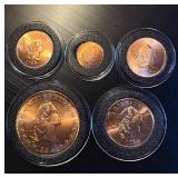 Set of (5) US Made Gallery Mint Museum Copper Coins, Precision Replicas of 1794 and 1796 Flowing Hair & Liberty Cap Coins