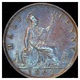 AU/AU+ 1862 Great Britain Half Penny, Original Surfaces, Very Lightly Circulated