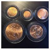 Set of (5) US Made Gallery Mint Museum Copper Coins, Precision Replicas of 1794 and 1796 Flowing Hair & Liberty Cap Coins