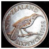 High Grade 1936 Silver New Zealand 6 Pence, Very Light Circulation, Original Surfaces w/Good Luster, KM#2