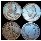 Half Century of Silver Half Dollars, 1 ea, Barber, Walker, Franklin & 