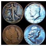Half Century of Silver Half Dollars, 1 ea, Barber, Walker, Franklin & 