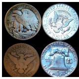Half Century of Silver Half Dollars, 1 ea, Barber, Walker, Franklin & 