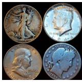 Half Century of Silver Half Dollars, 1 ea, Barber, Walker, Franklin & 
