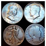Half Century of Silver Half Dollars, 1 ea, Barber, Walker, Franklin & 