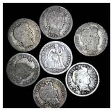 Heavly circulated Pre-1917 Silver Dimes (1) Seated & (6) Barbers