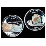 (2) 90% Proof Silver ATB Washington Quarters, WV & KS