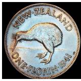 AU 1941 Silver New Zealand 1 Florin, Original Surfaces, .50 Fine, .182 ASW