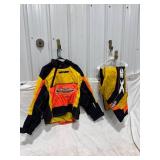 A two-piece snowmobile suit