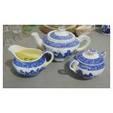 Unmarked Blue Willow Teapot, Sugar and Creamer