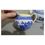 Unmarked Blue Willow Teapot, Sugar and Creamer