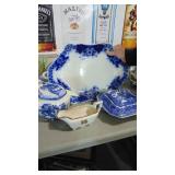 Assorted Blue China Pieces, Including Flow Blue Platter with Chip