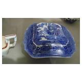 Assorted Blue China Pieces, Including Flow Blue Platter with Chip