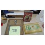 Post Office Box Front, Slag Tin and Paperweight