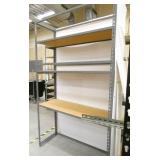 3 sets of shelving and rubbermaid cart