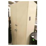 garage shelving and 2 door cabinet with contents