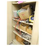 garage shelving and 2 door cabinet with contents