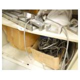 garage shelving and 2 door cabinet with contents