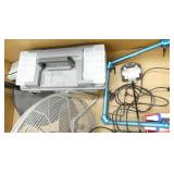 pallet of 2 fans, toolbox, 2 poster board frames, wire