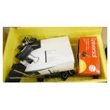 Office supplies, tape dispensers, new boxes of binders, paper clips, highlighters, staples