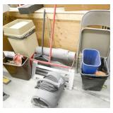 Wood crate 50x72x35, chair, blower, garbage can, roll of sticky fabric, etc