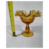 Fenton Thumbprint Amber Glass Ruffled Pedestal Candy Dish