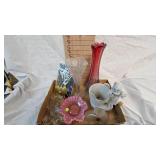 Fenton Ruffled Edge Cranberry Dish and Various Glassware