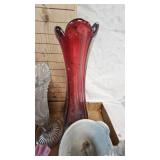 Fenton Ruffled Edge Cranberry Dish and Various Glassware