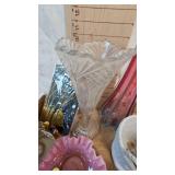 Fenton Ruffled Edge Cranberry Dish and Various Glassware