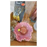 Fenton Ruffled Edge Cranberry Dish and Various Glassware