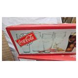 8 Pc Beverage Coca Cola Set, Tins,  Set of 1-=16 oz Bell Soda Glasses, Bottles as Shown