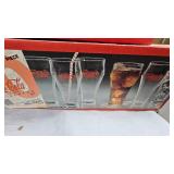 8 Pc Beverage Coca Cola Set, Tins,  Set of 1-=16 oz Bell Soda Glasses, Bottles as Shown