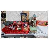 Plastic Coke Crate with Tins and Coca Cola Musical Alarm Clock in Box