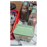 Plastic Coke Crate with Tins and Coca Cola Musical Alarm Clock in Box