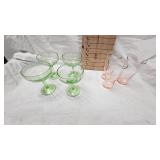Lot of 4 Uranium/Vaseline Sherbet Dishes with 3 Depression Juice Glasses