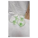 Lot of 4 Uranium/Vaseline Sherbet Dishes with 3 Depression Juice Glasses