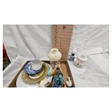 Minature Oil Lamps, Plates, Cup and Saucer, Hand Painted Lamp Shade