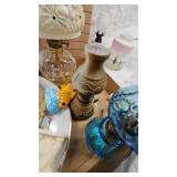 Minature Oil Lamps, Plates, Cup and Saucer, Hand Painted Lamp Shade