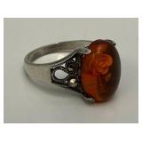 SIZE 7 Silver 925 Market Amber Stone With Reverse Etched Flower Ring 4 Grams