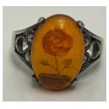 SIZE 7 Silver 925 Market Amber Stone With Reverse Etched Flower Ring 4 Grams