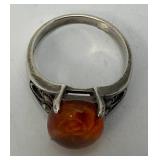 SIZE 7 Silver 925 Market Amber Stone With Reverse Etched Flower Ring 4 Grams
