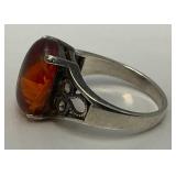 SIZE 7 Silver 925 Market Amber Stone With Reverse Etched Flower Ring 4 Grams