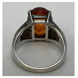 SIZE 7 Silver 925 Market Amber Stone With Reverse Etched Flower Ring 4 Grams