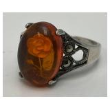 SIZE 7 Silver 925 Market Amber Stone With Reverse Etched Flower Ring 4 Grams